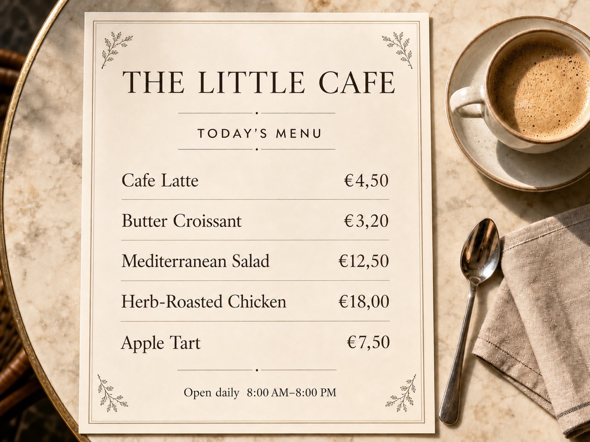 Cafe menu translated from French into English